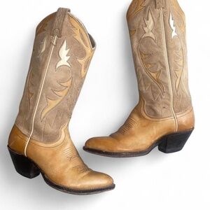 Vintage 80s Dan Post Tan and brown suede leather cowboy boots